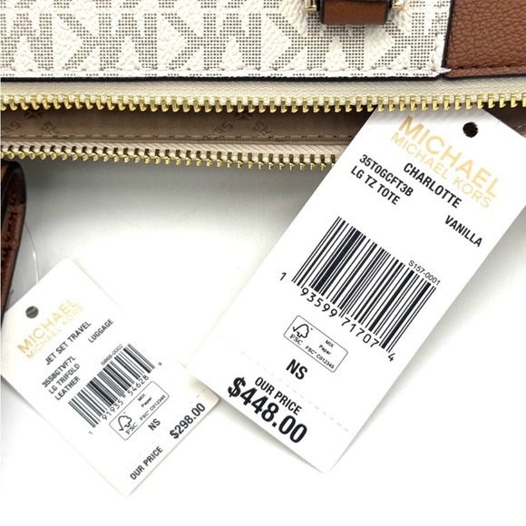Michael Kors Large Charlotte Tote Bag & Trifold Wallet Set Vanilla/Luggage - Picture 13 of 13
